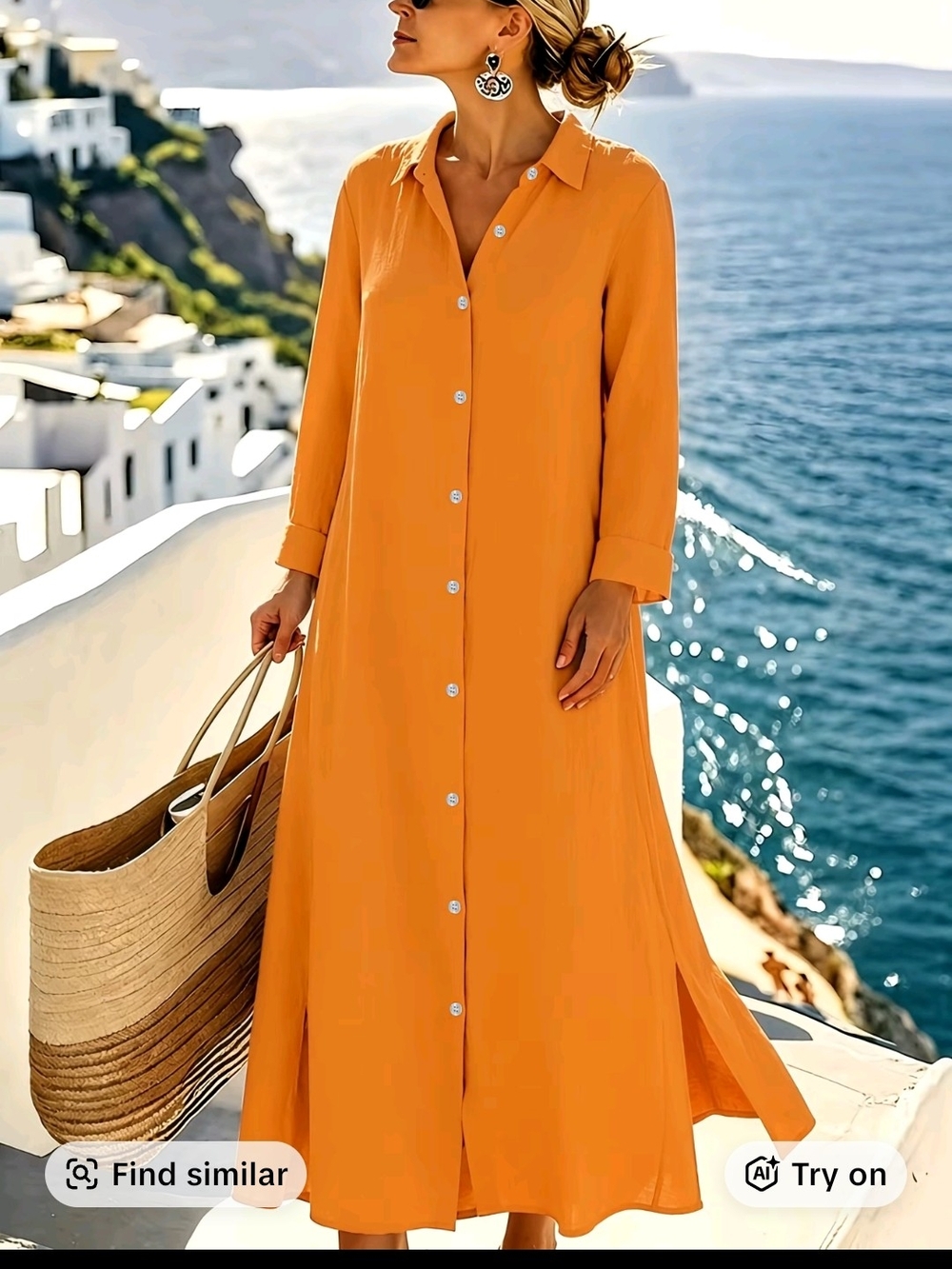 Button-Front Orange Maxi Shirt Dress